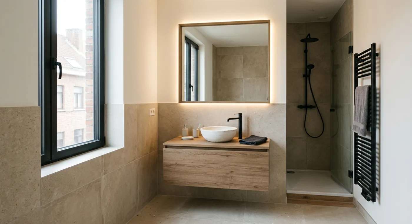 Volledig gerenoveerde badkamer met houten meubel, beige tegels en zwarte details — Artur Niko Ieper