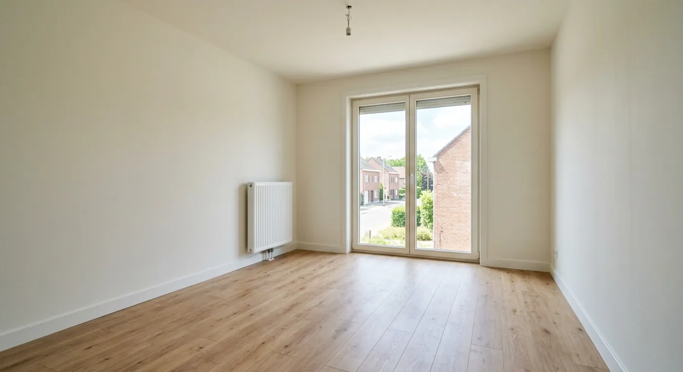 Volledig gerenoveerde leefruimte met laminaatvloer en nieuwe radiator — Artur Niko in West-Vlaanderen